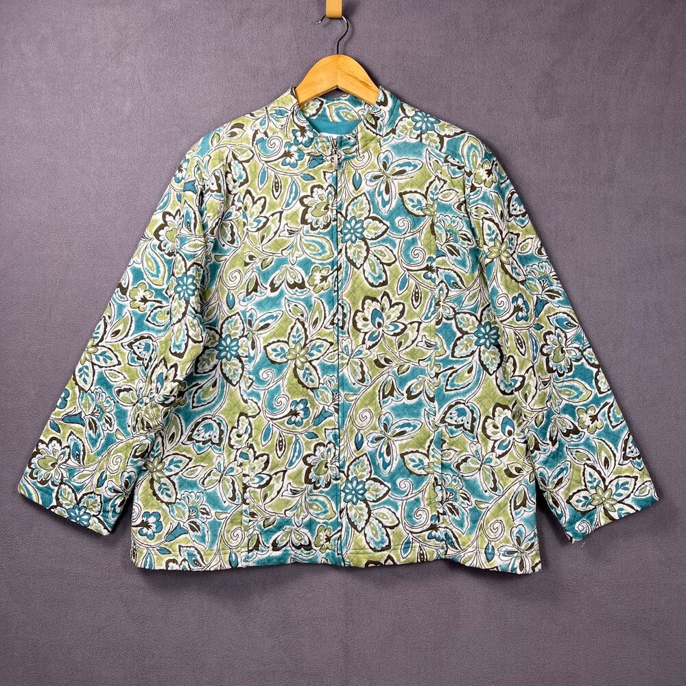 Alfred Dunner Quilted Floral Jacket Size 20 Green Teal Full Zip Cotton Retro